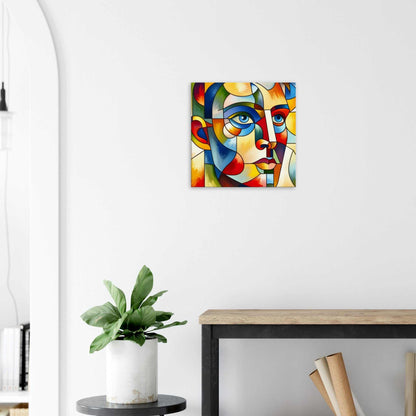 Colorful abstract face canvas print on wall above a table with plant and books.