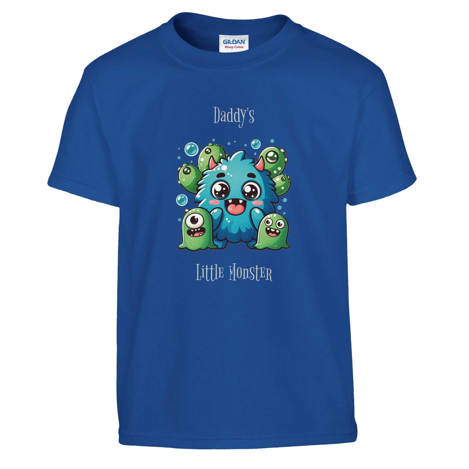 Blue "Daddy's Little Monster" kids crewneck T-shirt featuring cute monster design, 100% ring-spun cotton.