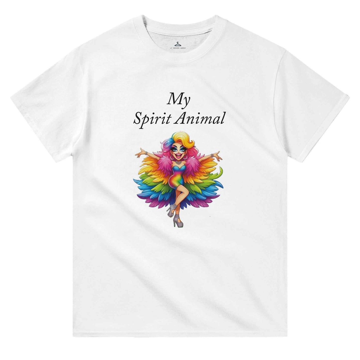 Women's crewneck t-shirt with "My Spirit Animal" design featuring a colorful, artistic illustration.