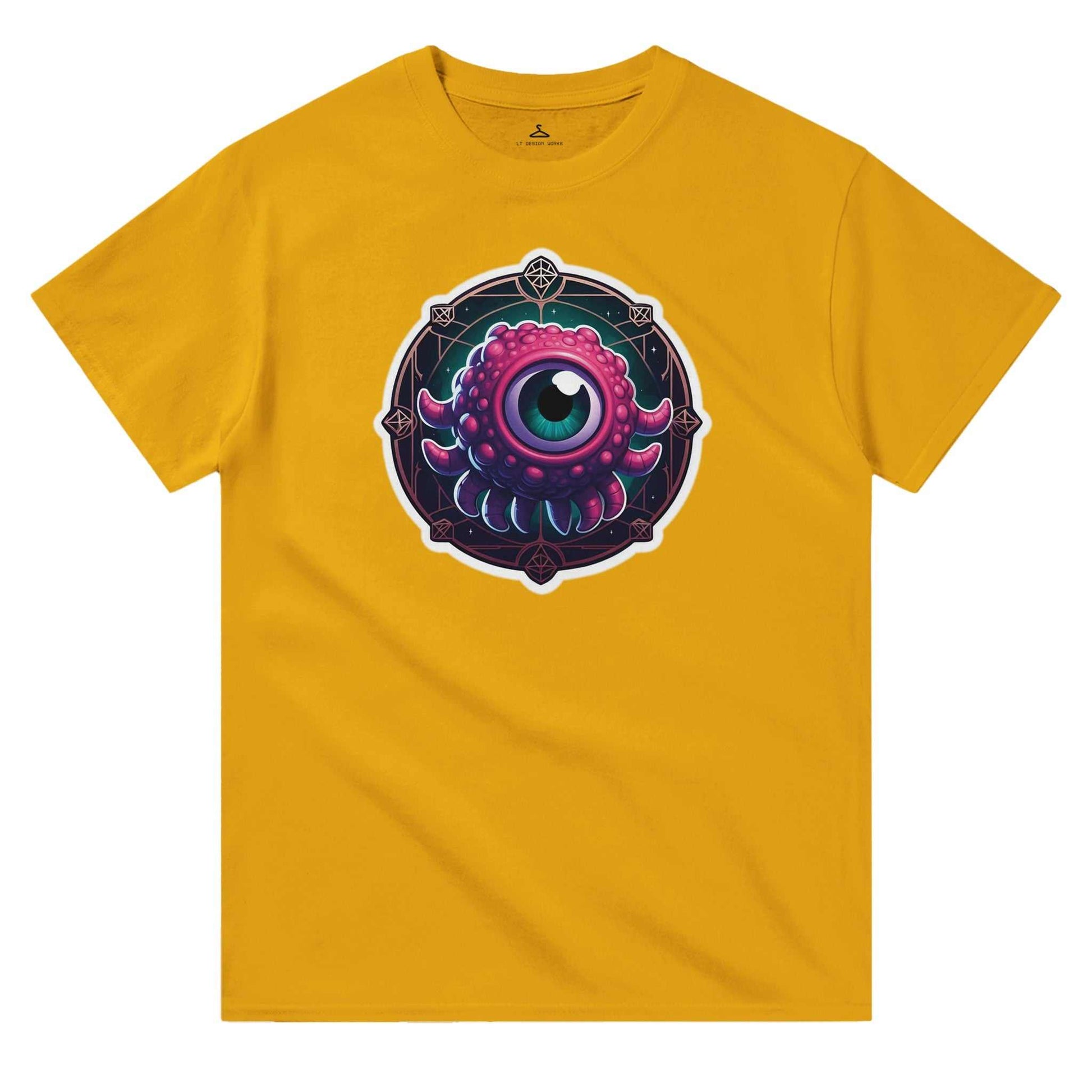 Beholder Men's Crewneck T-shirt in yellow with a unique eye design, heavyweight cotton, classic fit.