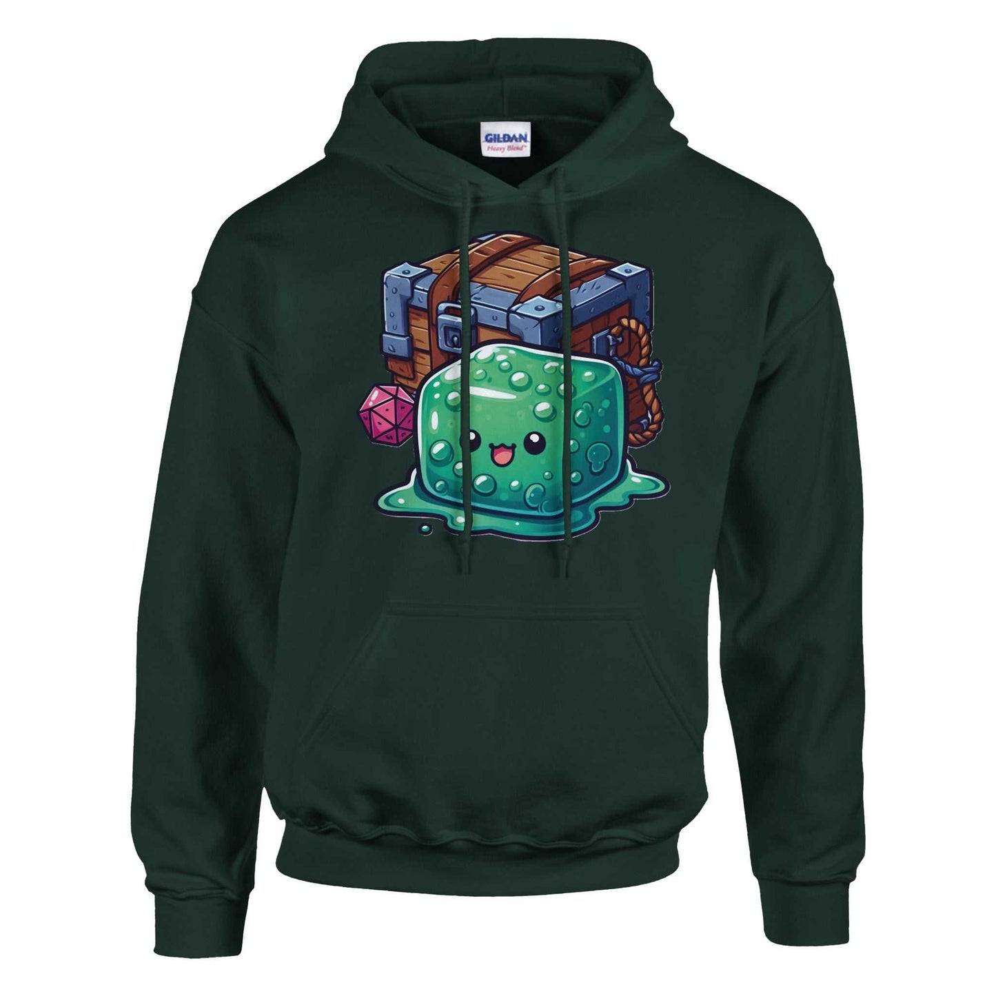 Men's pullover hoodie featuring gelatinous cube and mimic design, heavy blend fabric, double-lined hood.