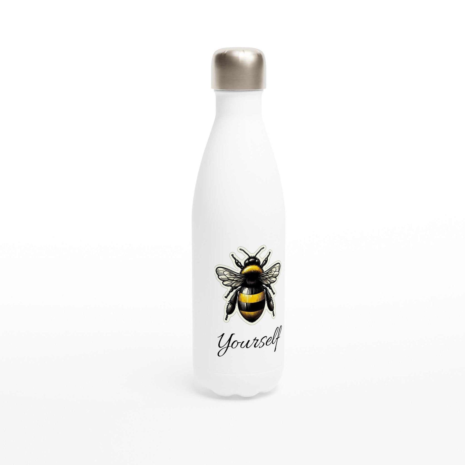 White 17oz stainless steel water bottle with bee design and "Yourself" text, leak-proof cap.