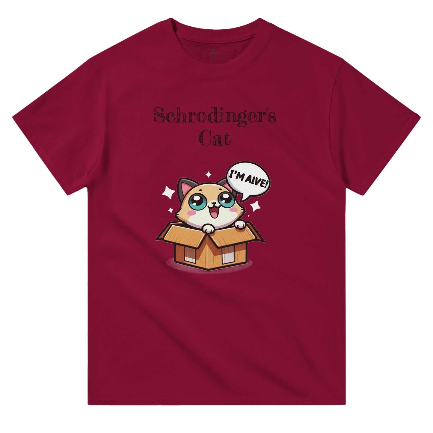 Schrodinger's Cat crewneck t-shirt, cotton, classic fit, humorous design, durable, casual wear.