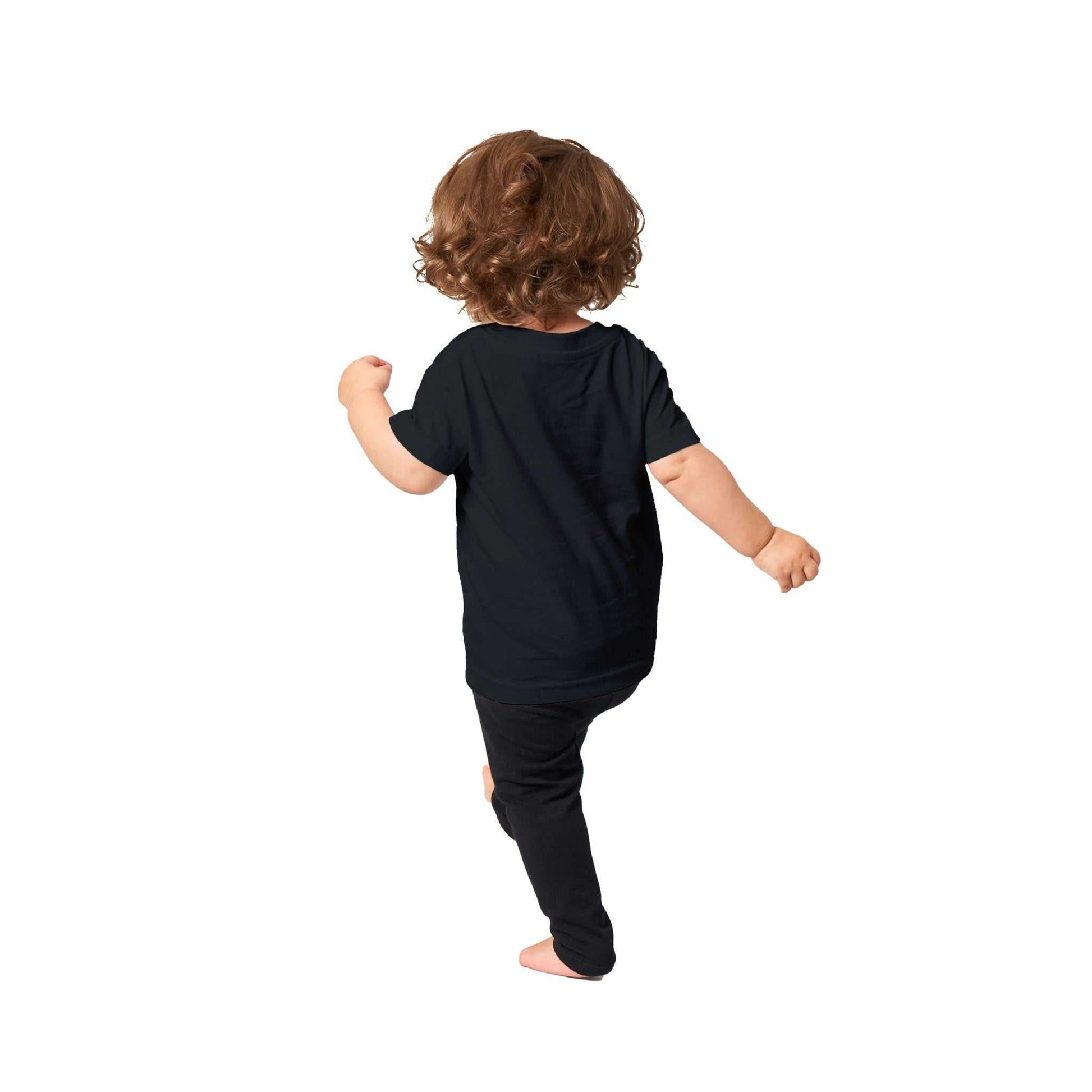 Toddler wearing "I'm Nan's Problem Today" black crewneck t-shirt, back view.