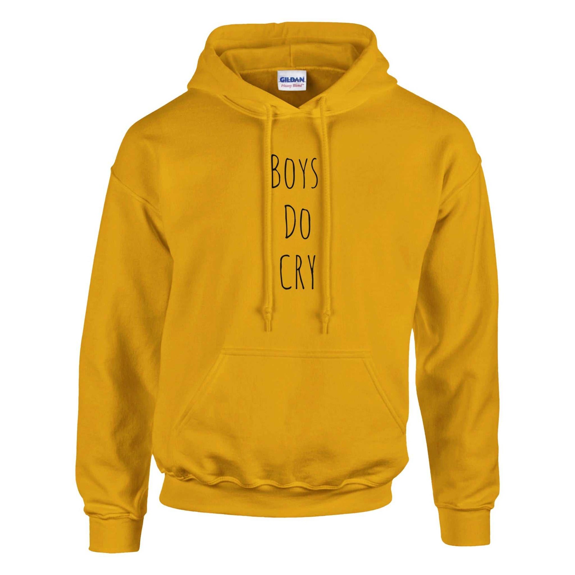 Boys Do Cry printed classic pullover hoodie in yellow, featuring eco-friendly cotton and polyester blend with front pouch pocket.