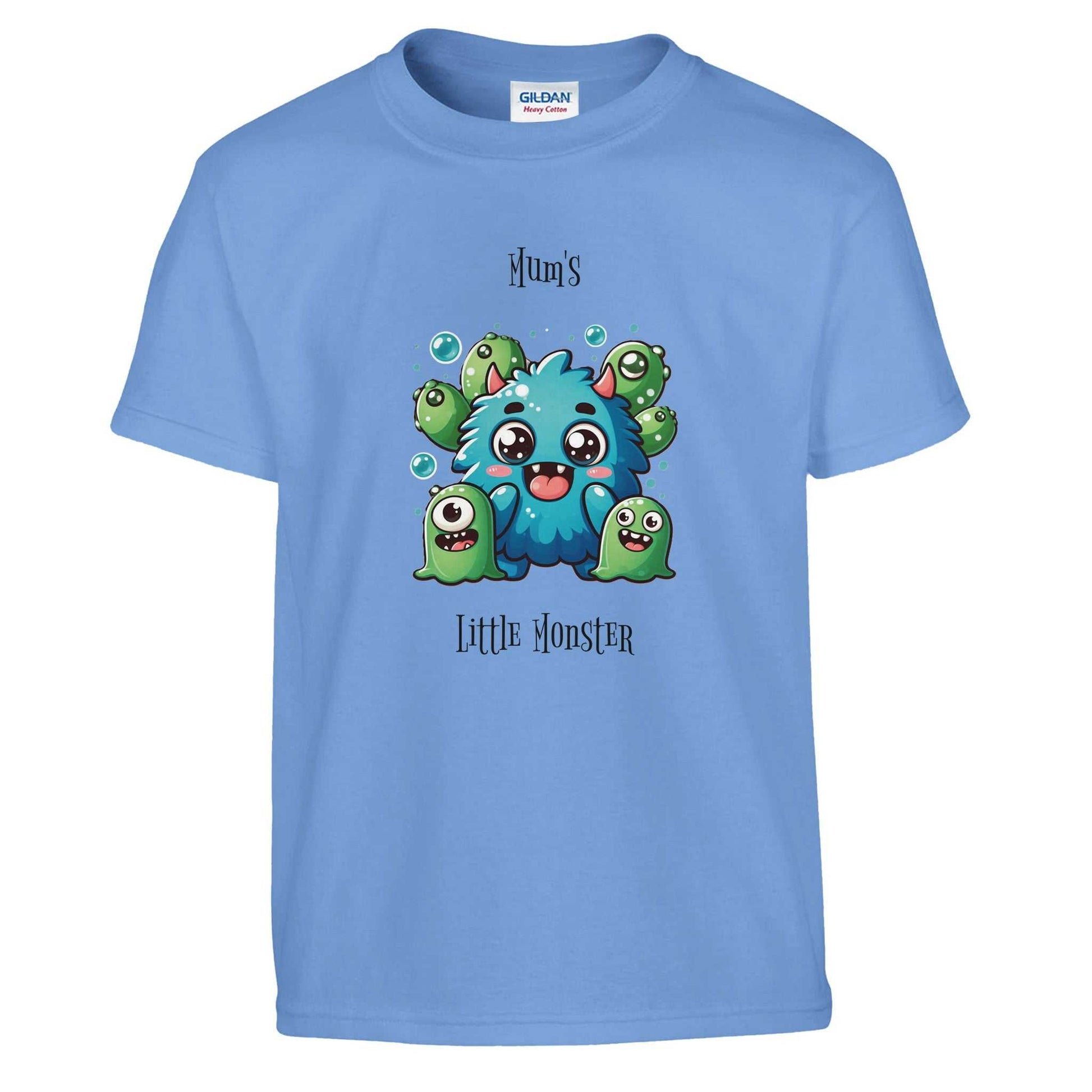 Monster Kids Crewneck T-shirt for comfort and play, featuring cute monster design on blue fabric.