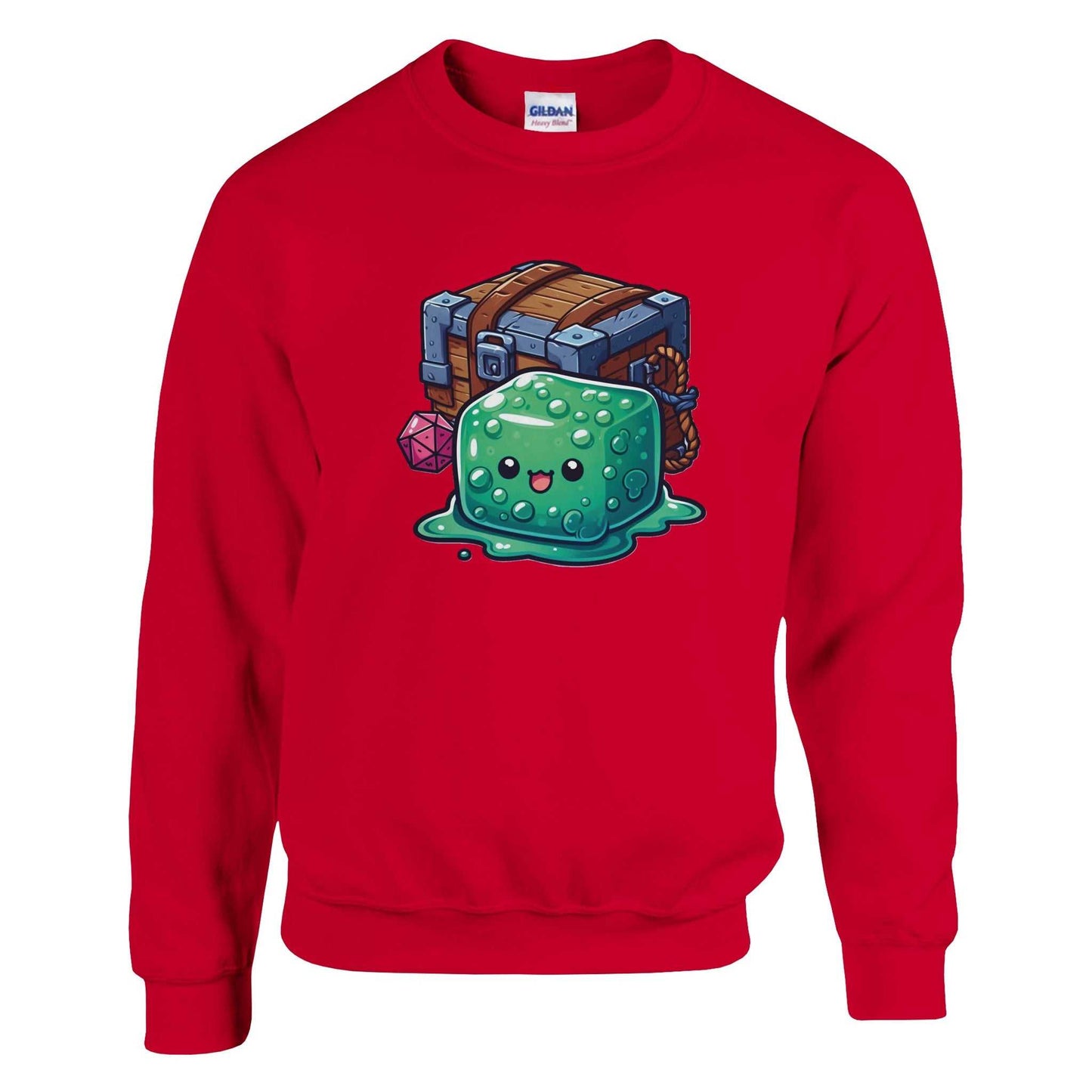 Gelatinous Cube and Mimic design on red women's crewneck sweatshirt.