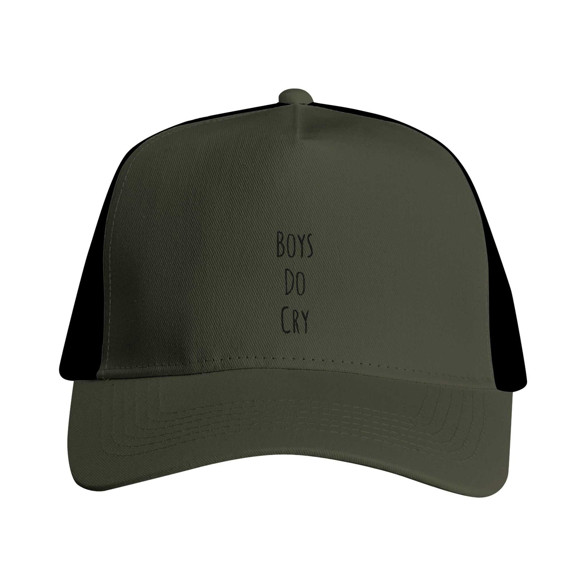 Boys Do Cry embroidered snapback trucker cap, breathable with cotton front and polyester mesh panels.