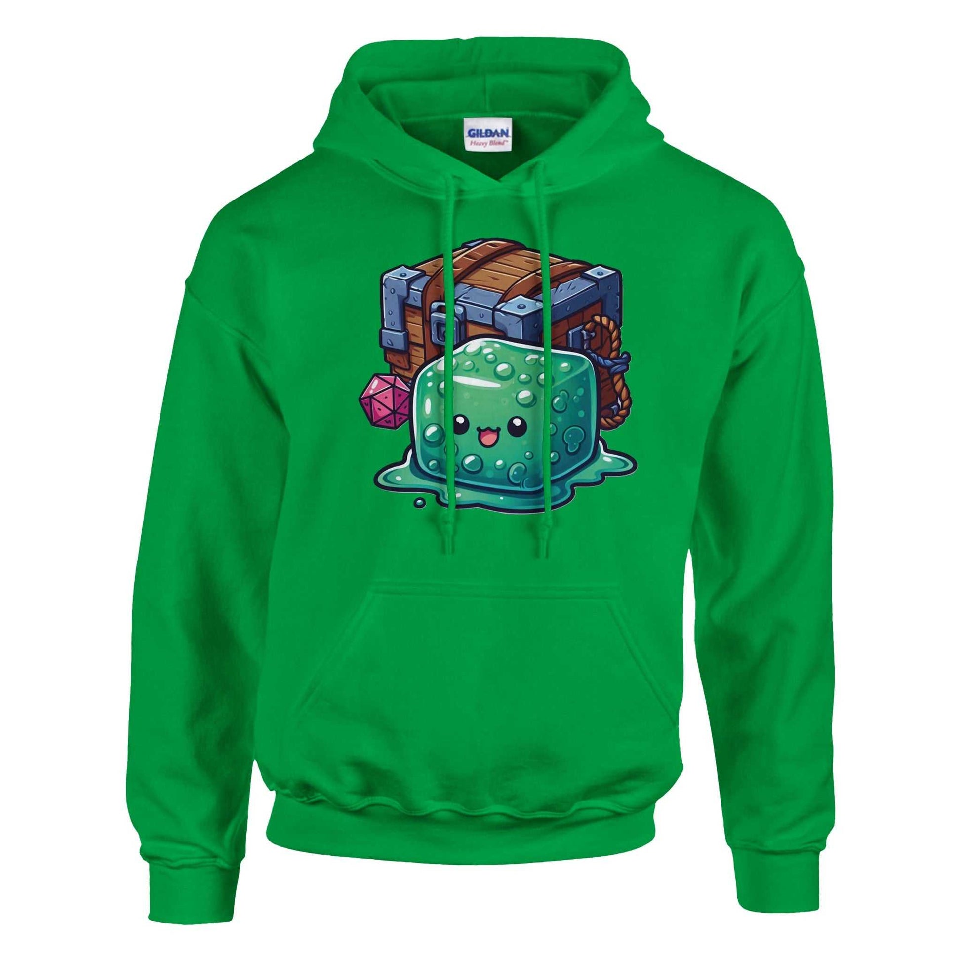 Gelatinous Cube and Mimic design on green women's pullover hoodie with front pouch pocket.