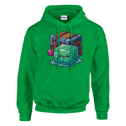 Gelatinous Cube and Mimic design on green women's pullover hoodie with front pouch pocket.