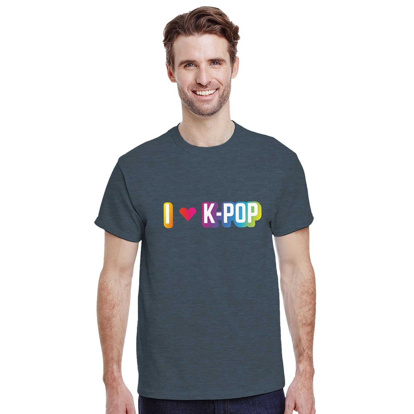 I Love Kpop Crewneck T-shirt featuring durable heavyweight cotton, classic fit, and colorful print design.