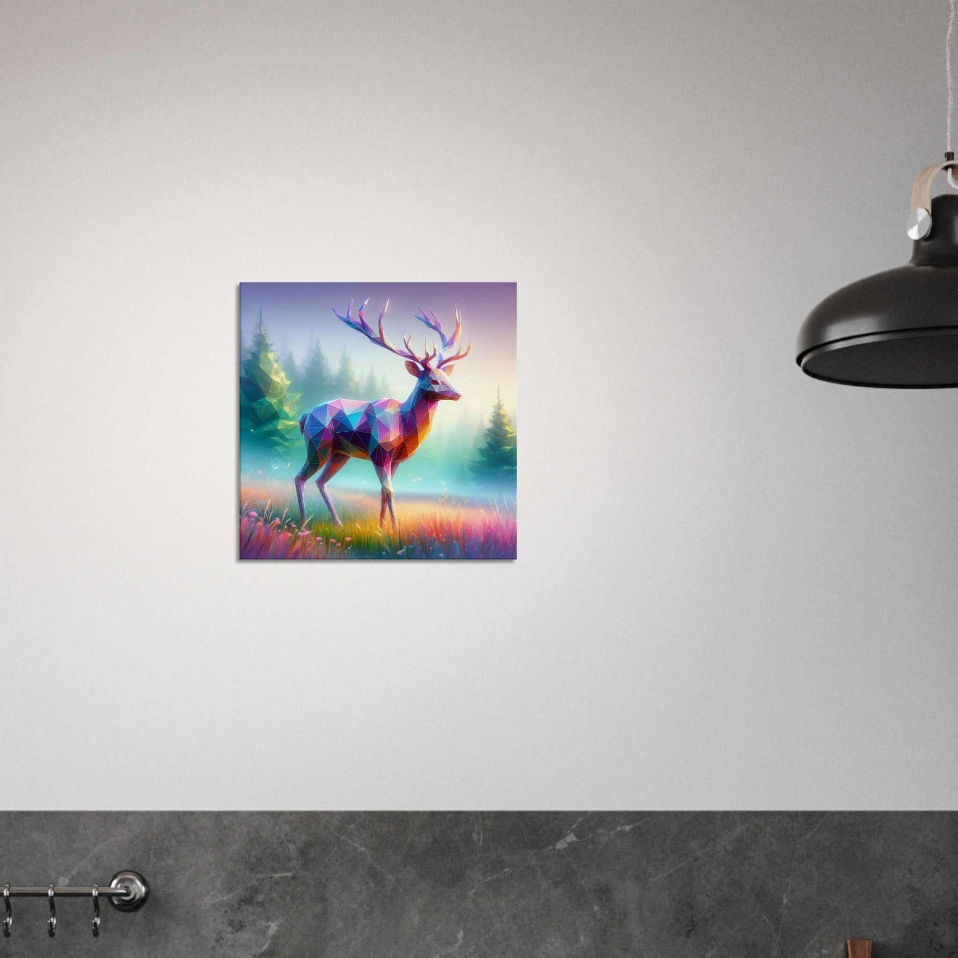 Stag canvas print with vibrant colors, mounted on a wall.