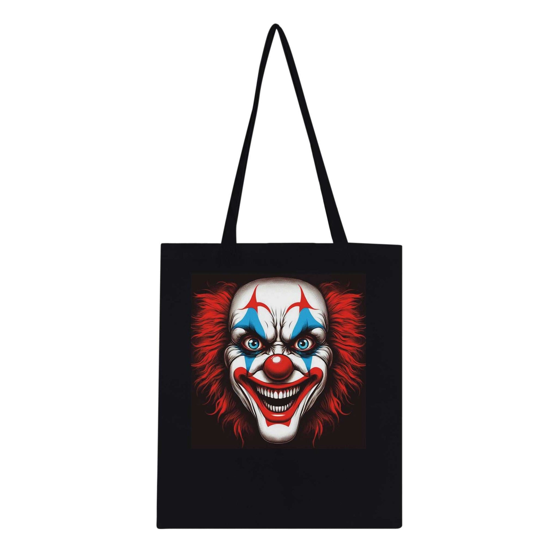 Crazy Clown Tote Bag with red clown design, eco-friendly cotton, reinforced handles.