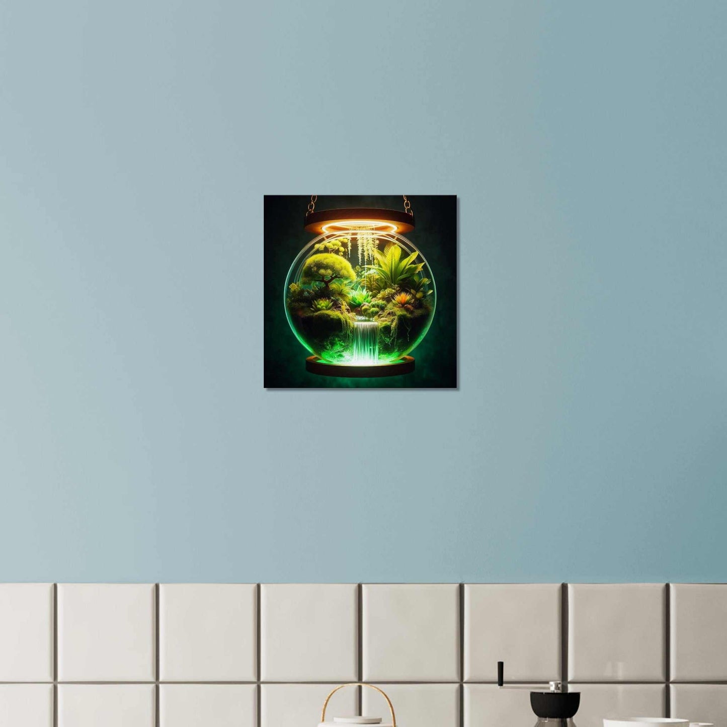 Canvas print on wall featuring a vibrant nature scene inside a glass orb with cascading water.