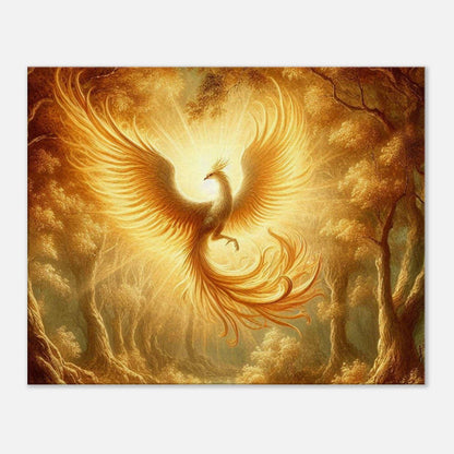 Phoenix Flight Canvas featuring a vibrant phoenix in ascent amidst golden trees, enhancing any space with elegance and texture.