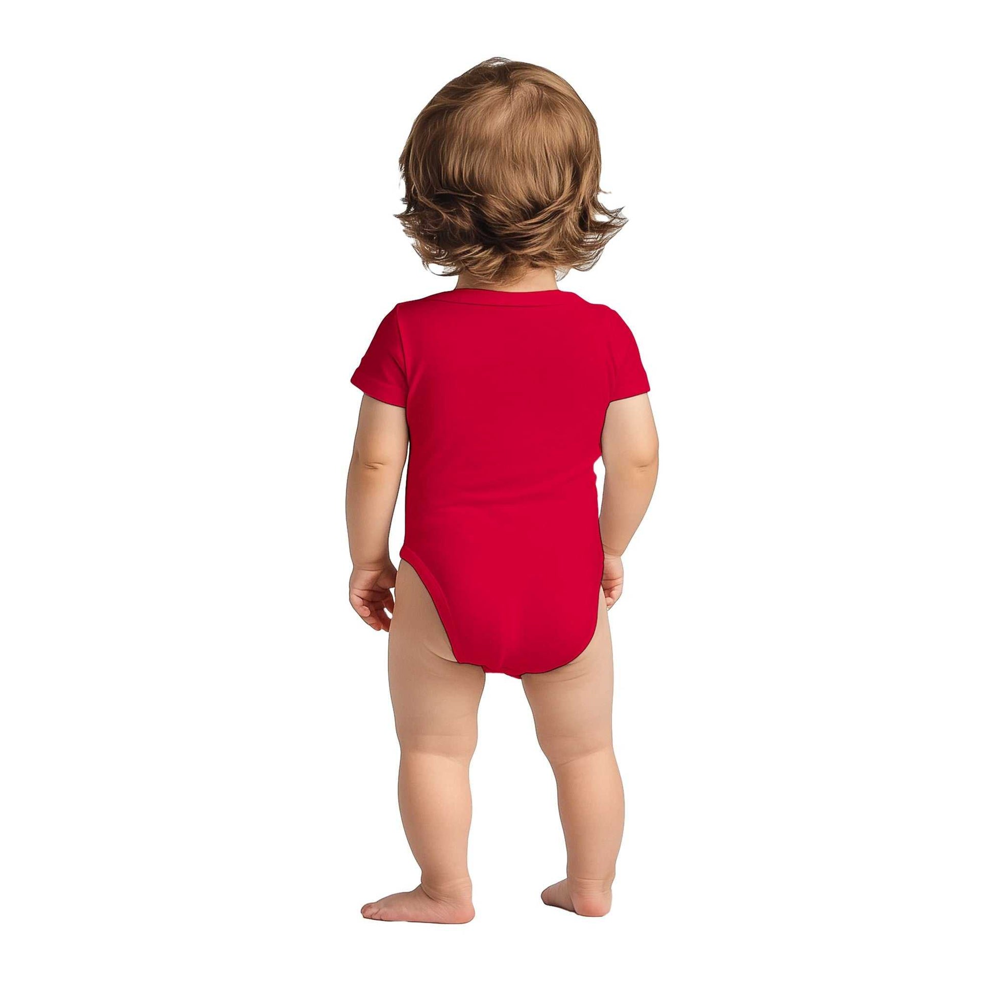 Festive red baby bodysuit, short sleeve, perfect for Christmas.