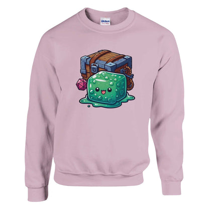 Gelatinous Cube and Mimic design on men's crewneck sweatshirt, soft cotton-polyester blend.