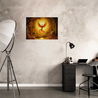 Phoenix Birth Canvas displayed on a wall in a modern room setting, showcasing vibrant colors and textured art.