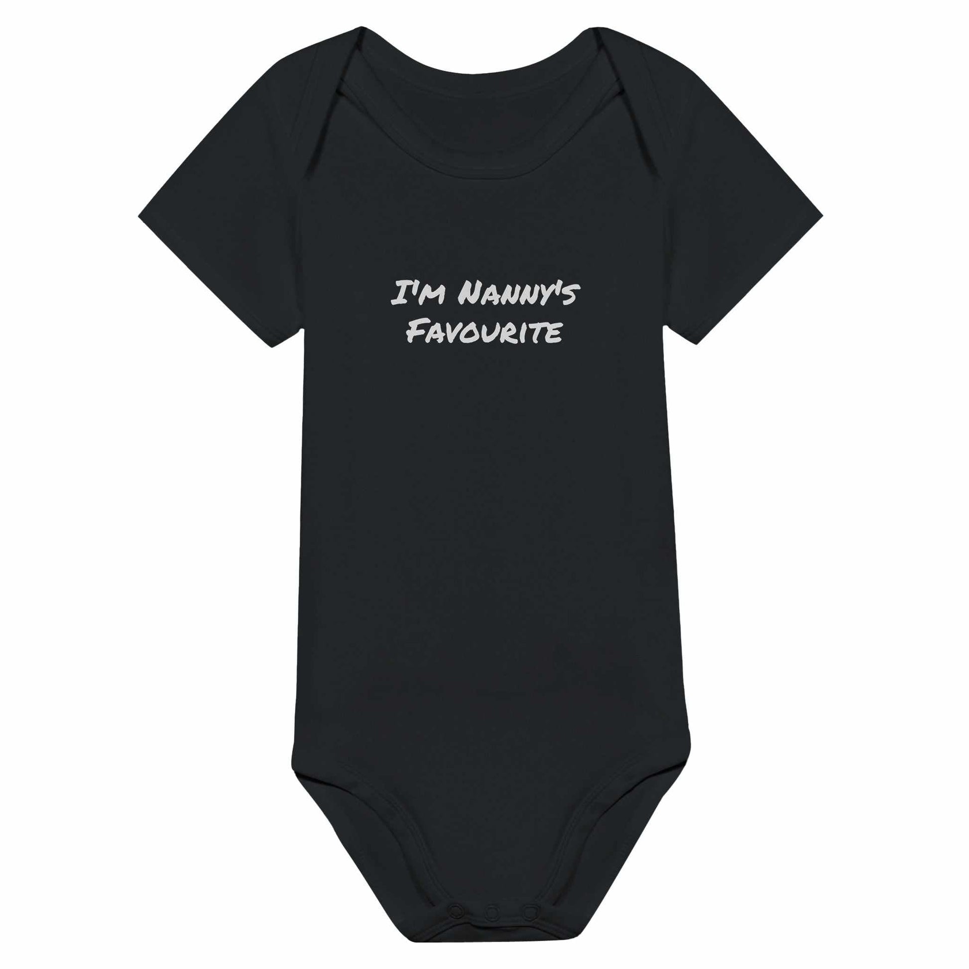 Favourite Classic Baby Short Sleeve Bodysuit with "I'm Nanny's Favourite" text, black color, 100% cotton.