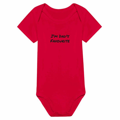 Red baby bodysuit with "I'm Dad's Favourite" text, short sleeves, 100% cotton.