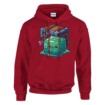 Red men's pullover hoodie featuring a gelatinous cube and mimic design, crafted from 50% cotton and 50% polyester.