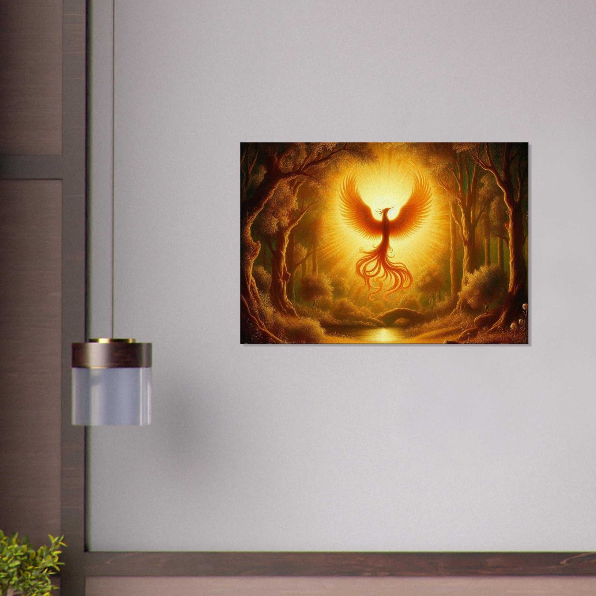 Phoenix Birth Canvas wall art with vibrant colors in a modern interior setting.