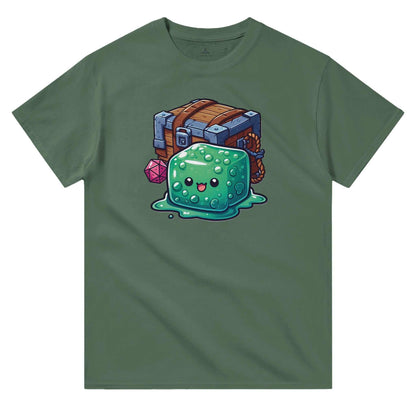 Men's crewneck t-shirt featuring gelatinous cube and mimic design, 100% cotton, durable casual wear.