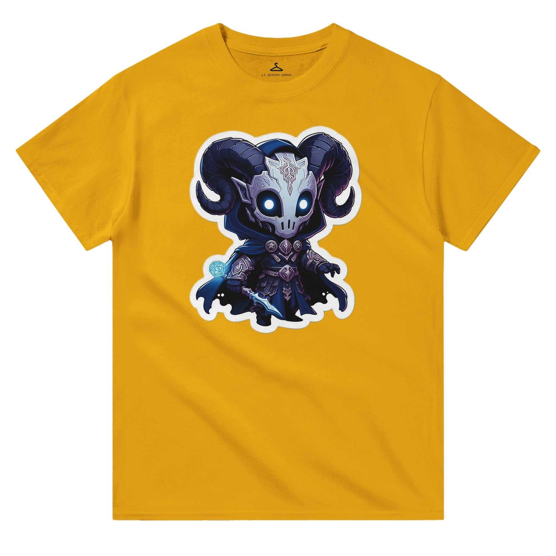 Voidwalker Men's Crewneck T-shirt in yellow with a mystical character design.