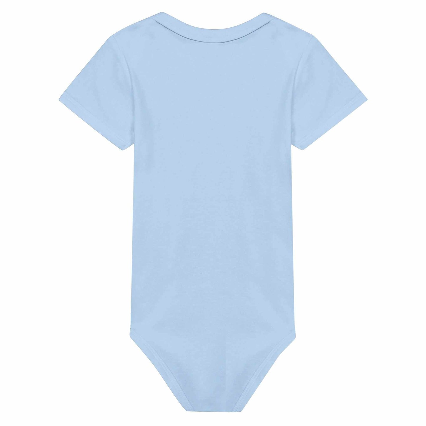 Light blue baby short sleeve bodysuit, 100% cotton, featuring lap shoulders and leg openings for easy dressing.