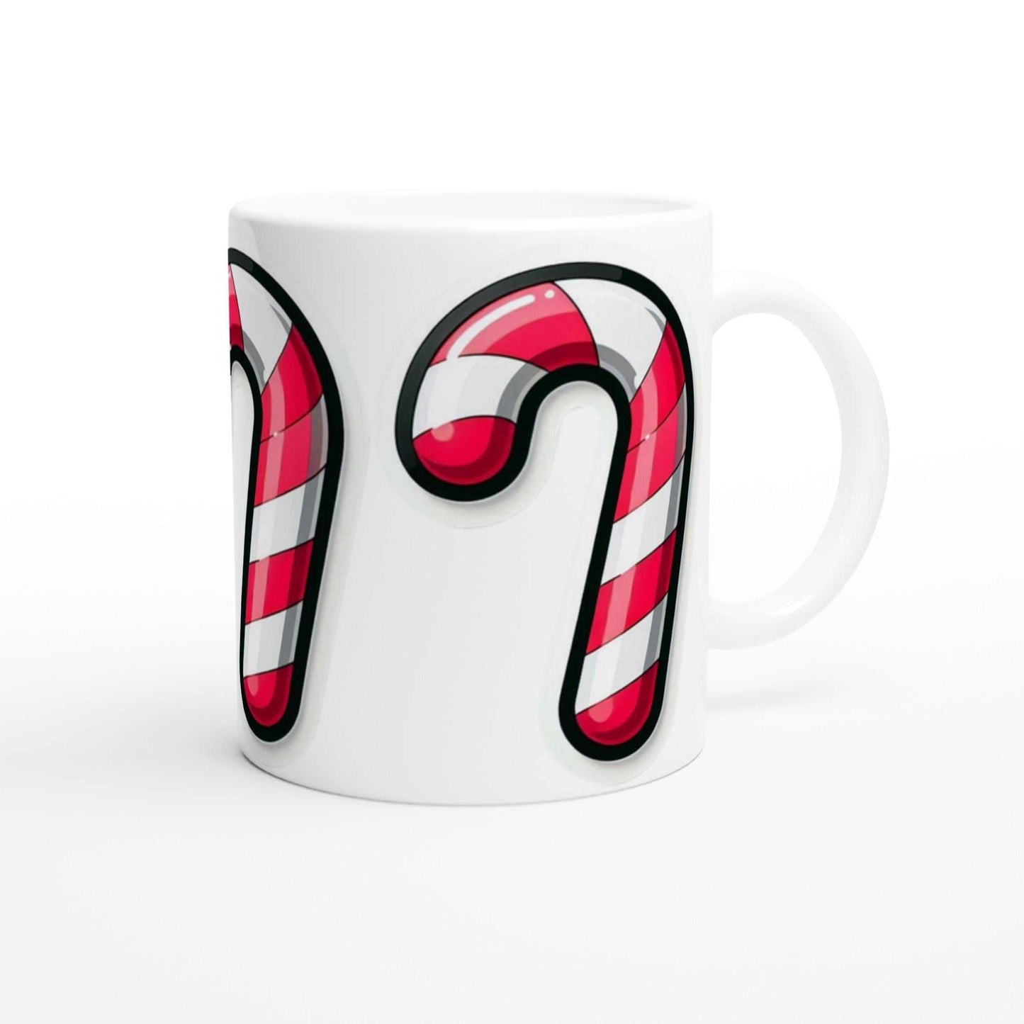 Candy cane design 11oz ceramic mug with glossy white finish.