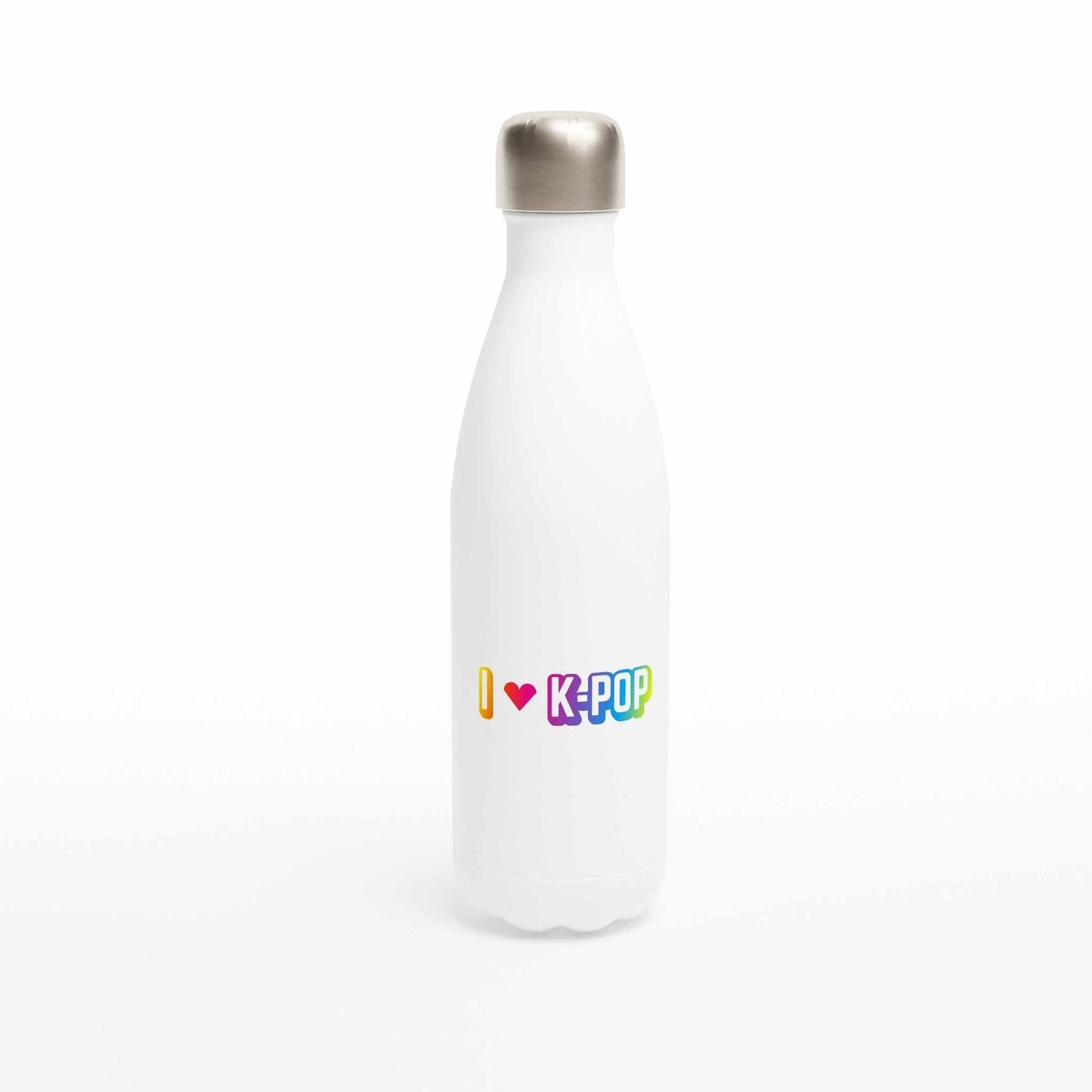 White stainless steel water bottle with "I Love Kpop" design, 17oz, insulated for hot and cold drinks.