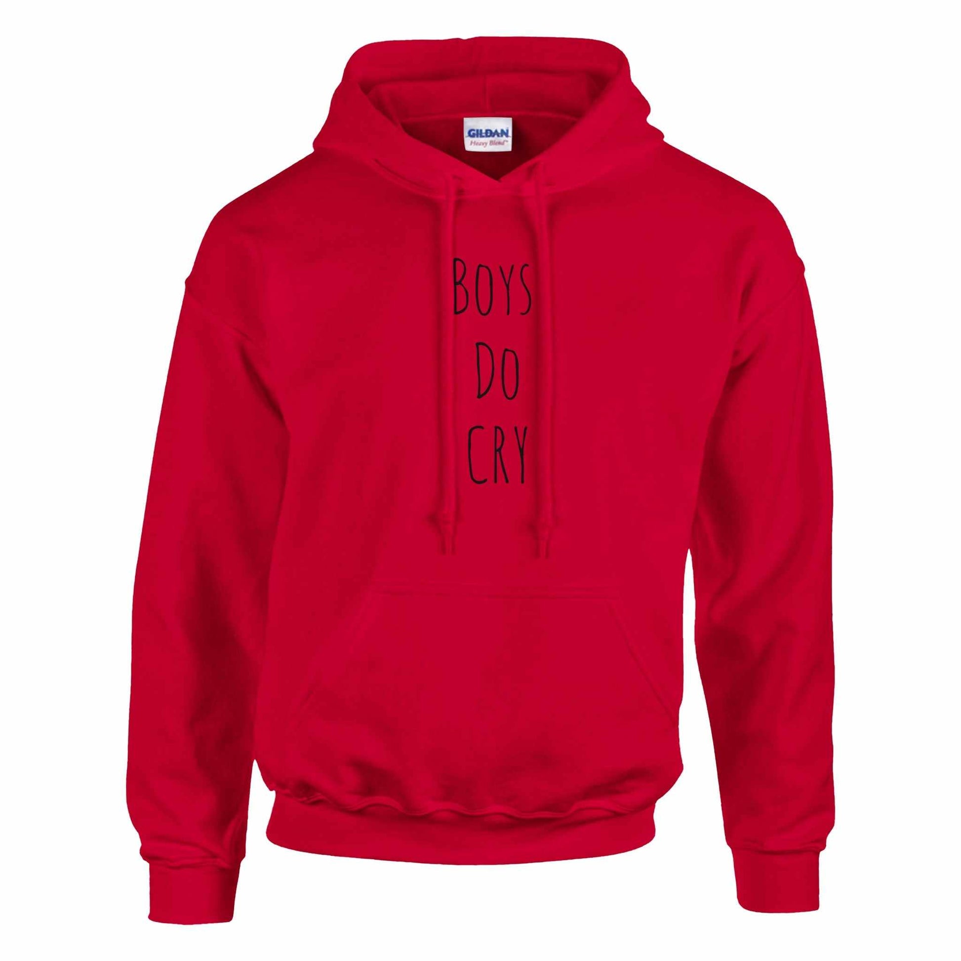 Red Boys Do Cry printed pullover hoodie with front pouch pocket and a soft fabric blend.