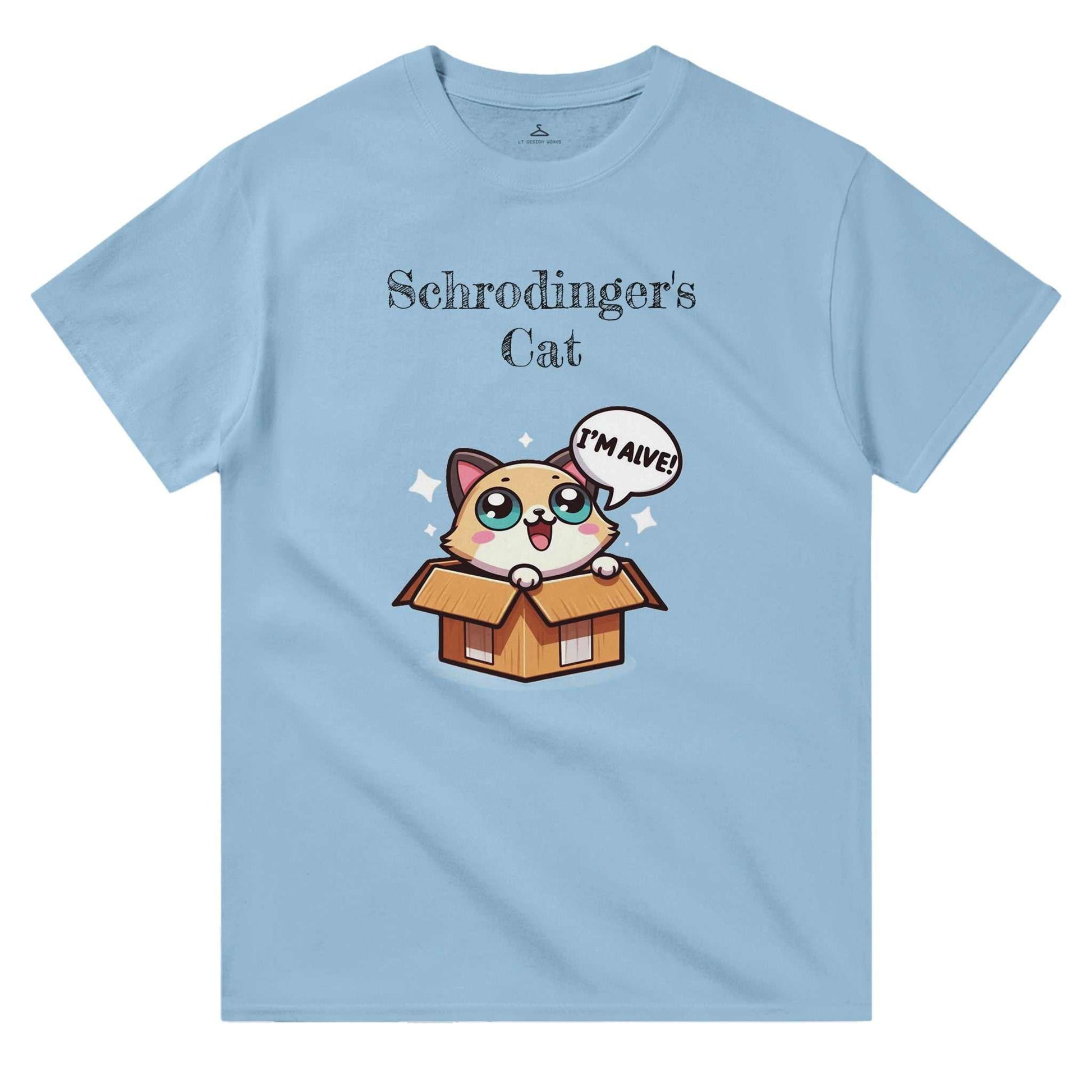 Schrodinger's Cat Crewneck T-shirt with cartoon cat design in a box, 100% cotton, classic fit.