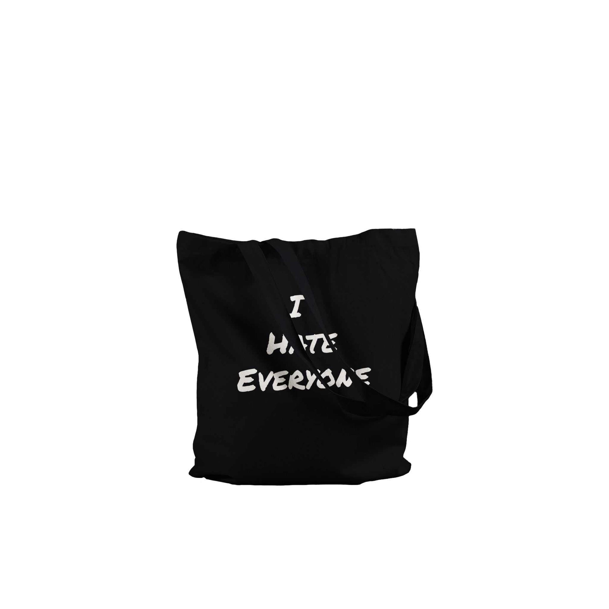 Black "I Hate Everyone" premium cotton tote bag with reinforced handles, ideal for eco-friendly use.