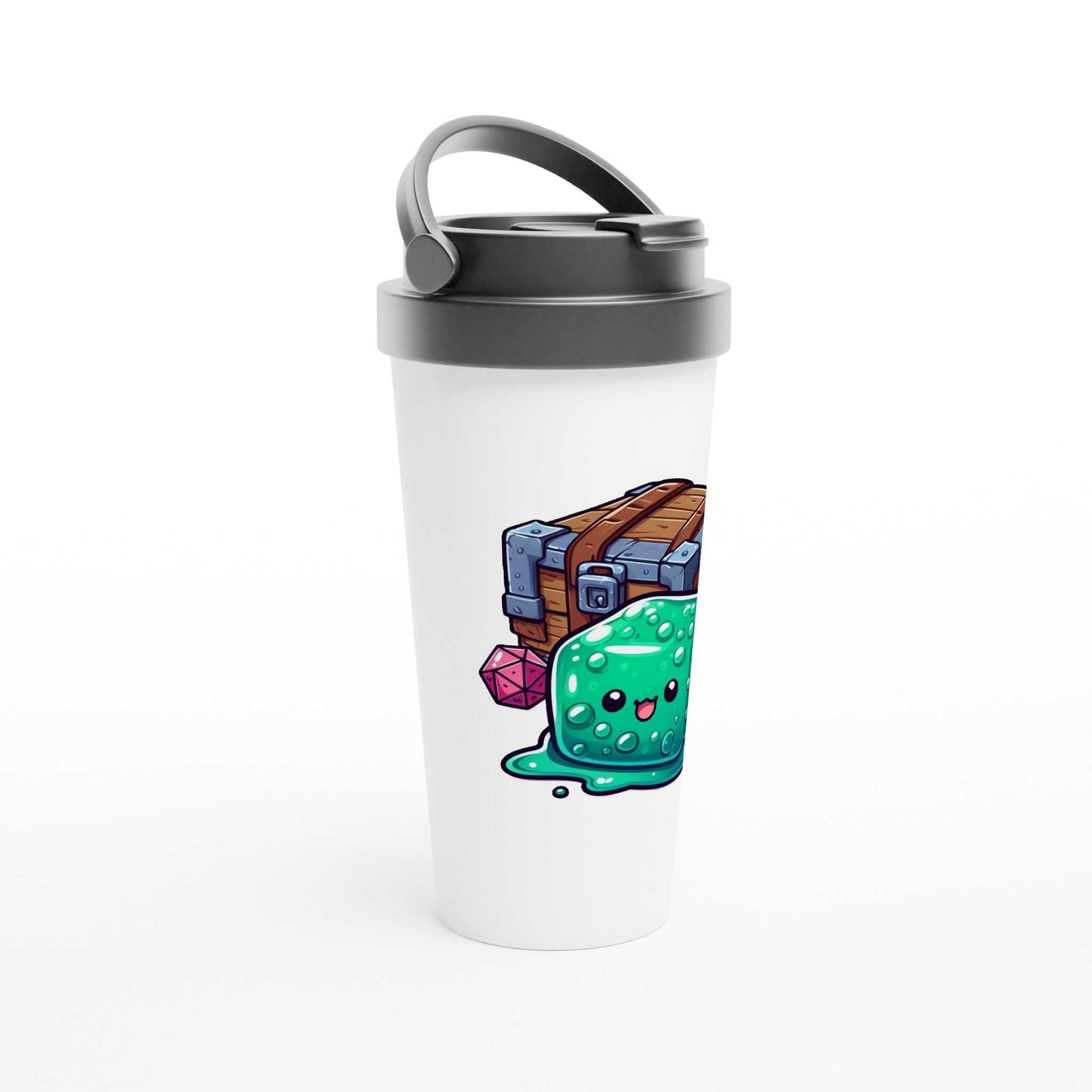 Mimic 15oz stainless steel travel mug with colorful design, leak-proof and dishwasher safe.