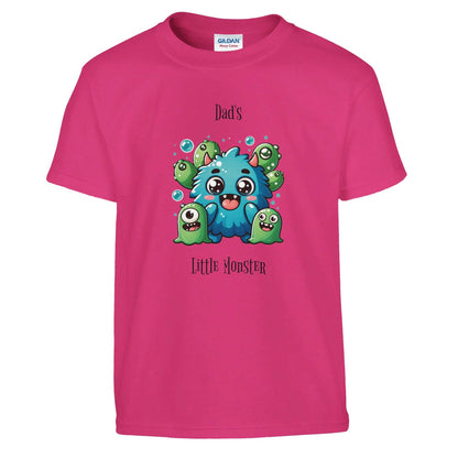 Monster Kids Crewneck T-shirt with colorful cartoon design on pink fabric.