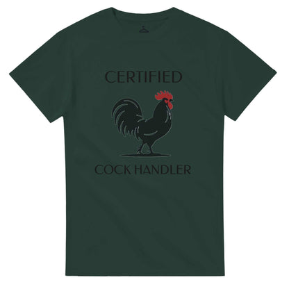 Certified Cock Handler Unisex Crewneck T-shirt in green, featuring a printed rooster graphic with text, designed for durability and comfort.