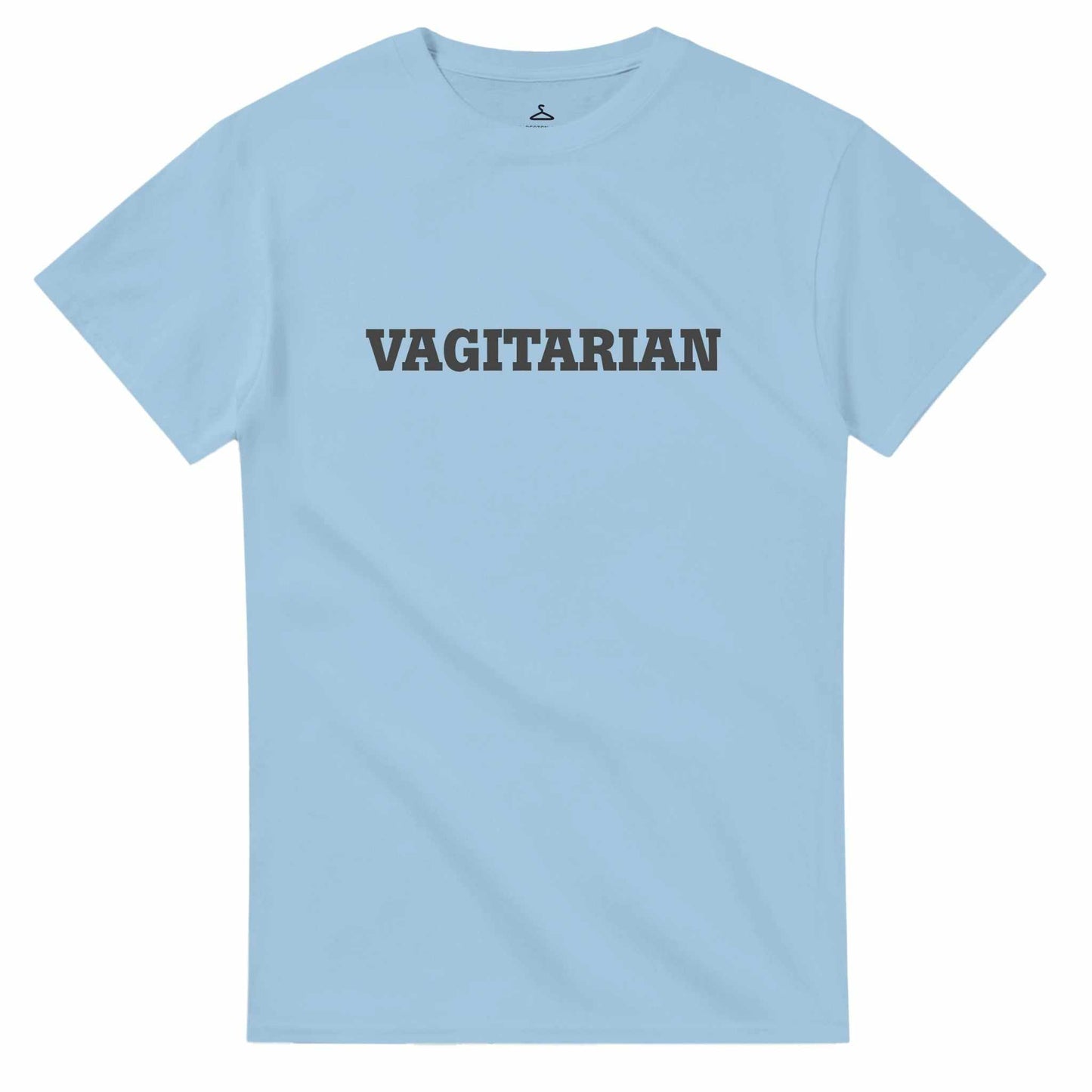 Vagitarian Unisex Crewneck Tshirt in light blue with bold text design