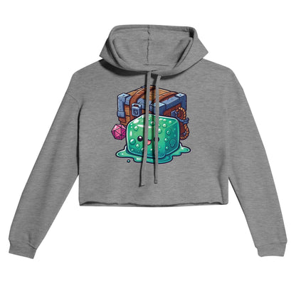 Gelatinous Cube and Mimic women's cropped hoodie with raw hem and drawstrings.