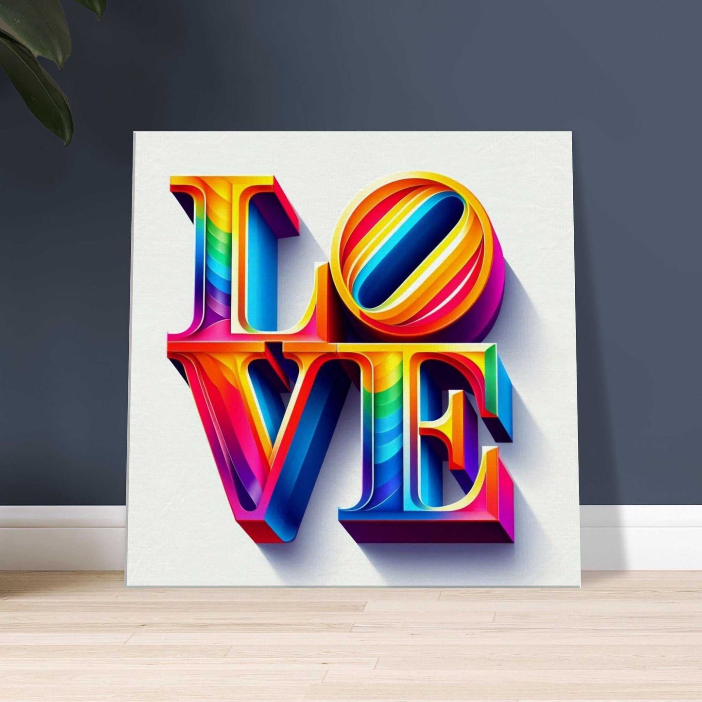 Colorful Love canvas art on wall, conveying a message of love with vibrant lettering.