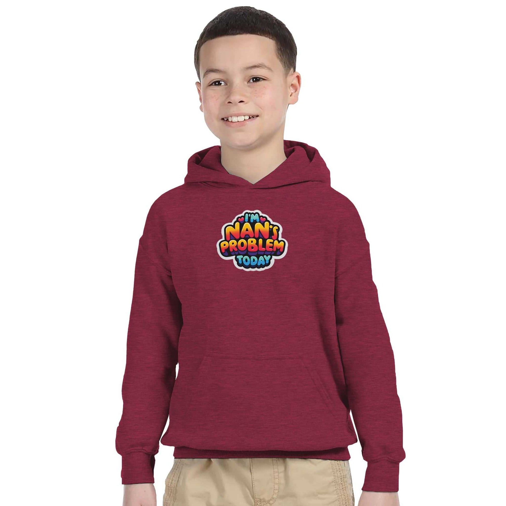 Kids wearing "I'm Nan's Problem Today" pullover hoodie in maroon, featuring front pouch pocket and double-lined hood.