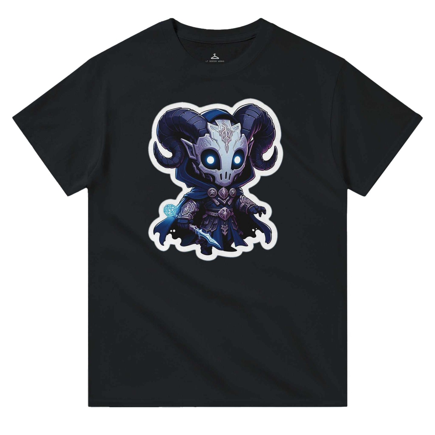 Voidwalker Women's Crewneck T-shirt with skull and horned character graphic, black, heavyweight cotton, classic fit.