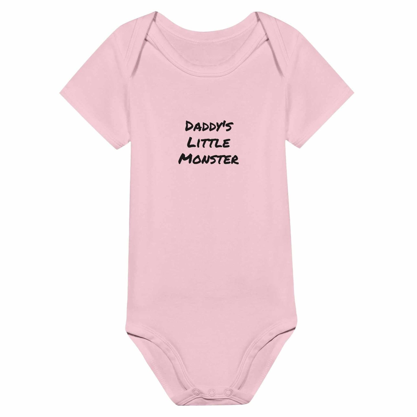 Pink "Daddy's Little Monster" short sleeve baby bodysuit, 100% cotton, relaxed fit.