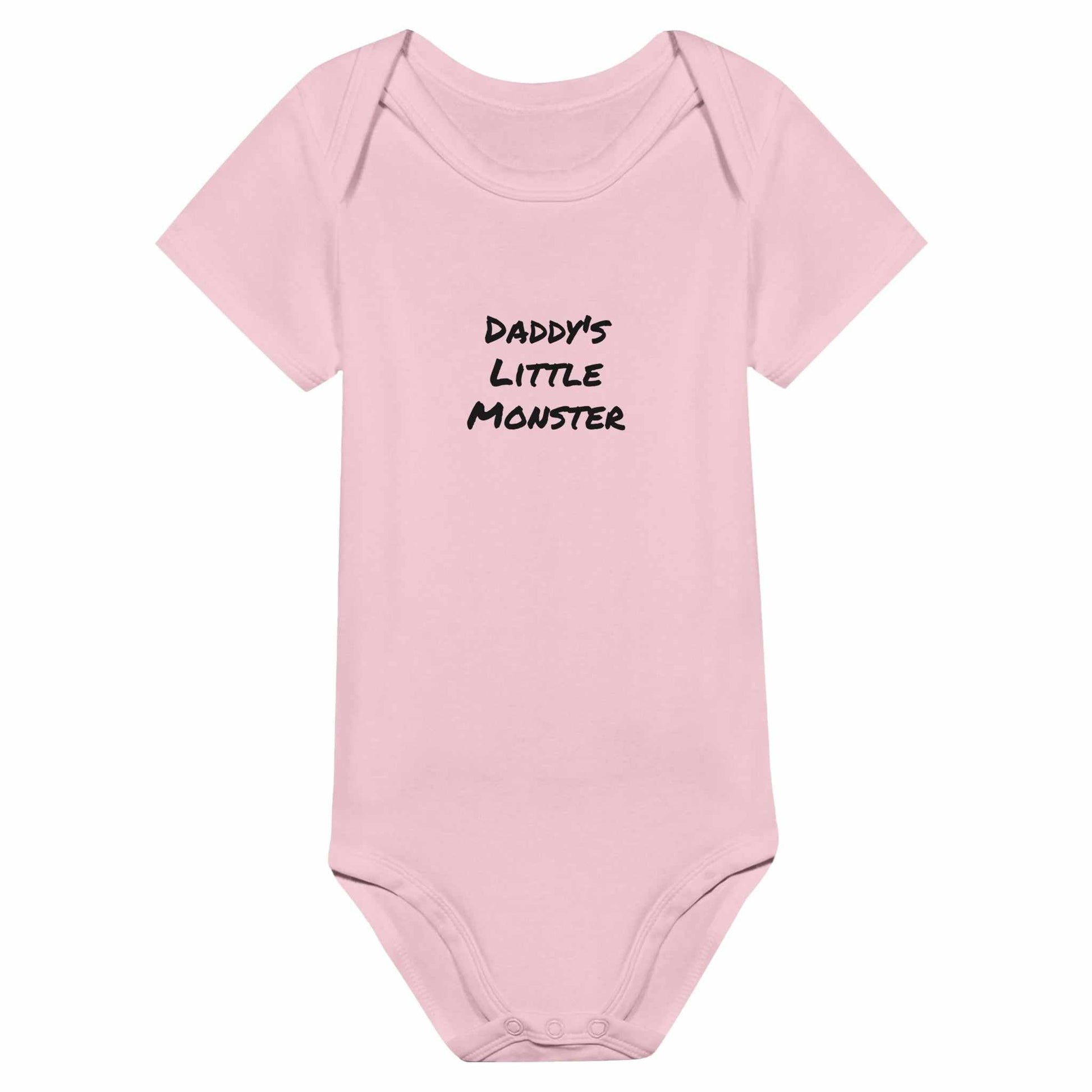 Pink "Daddy's Little Monster" short sleeve baby bodysuit, 100% cotton, relaxed fit.