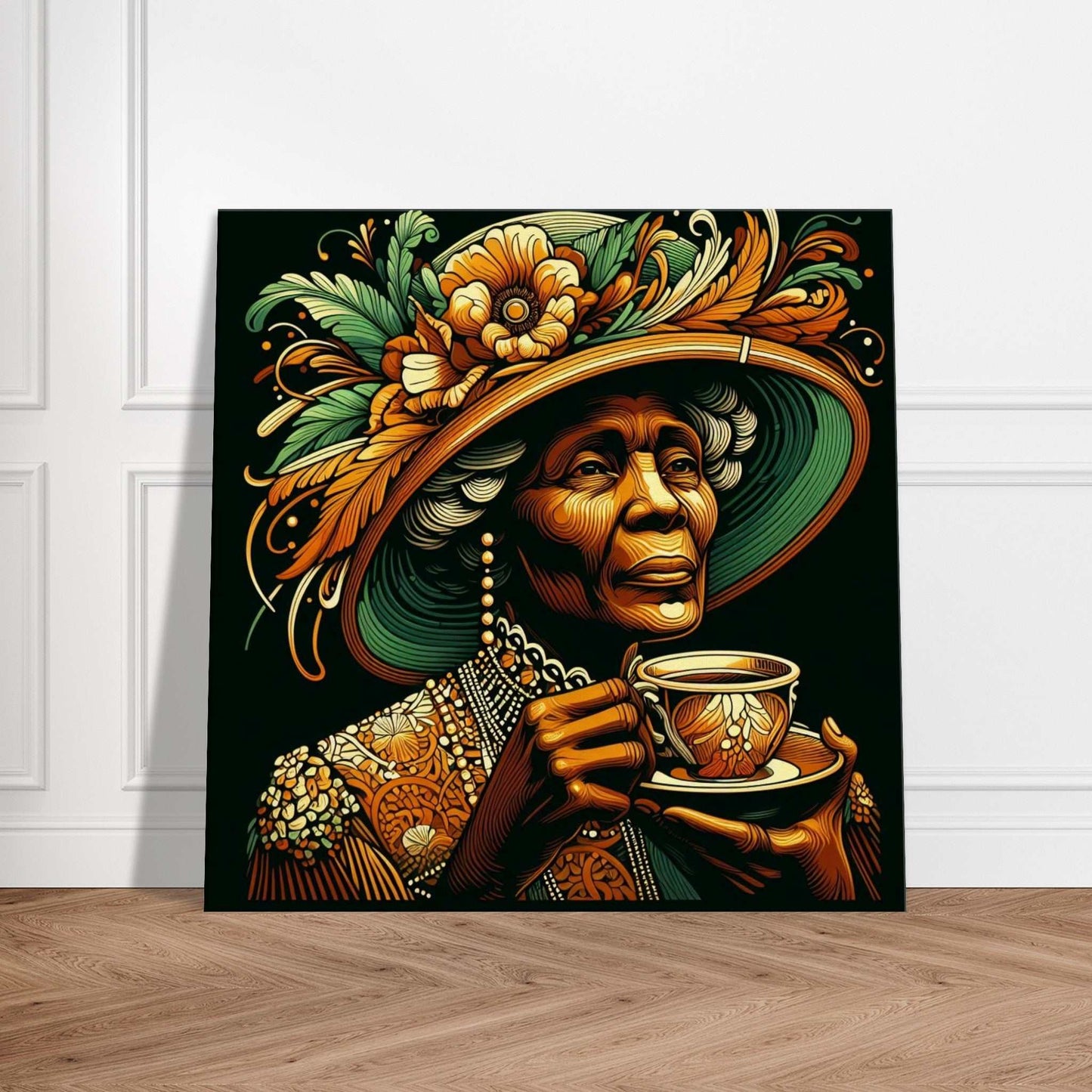 Tea time Canvas print featuring a vibrant, floral-themed image of a person enjoying tea, showcasing enhanced texture and timeless beauty.