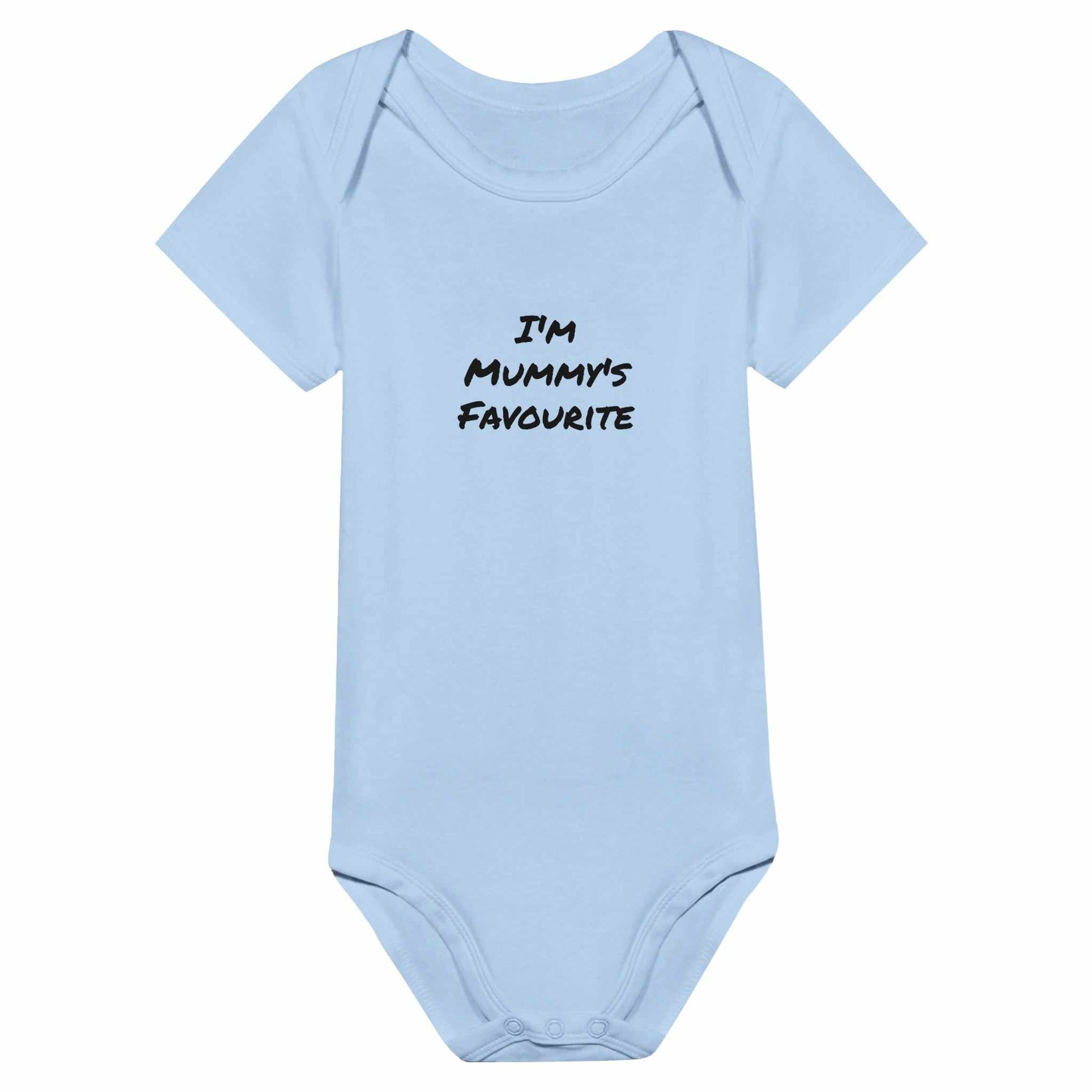 I'm Mummy's Favourite classic baby short sleeve bodysuit in light blue.