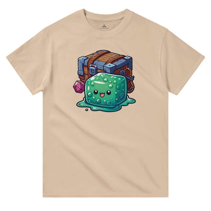 Gelatinous Cube and Mimic graphic on men's crewneck t-shirt, heavyweight cotton, classic fit.