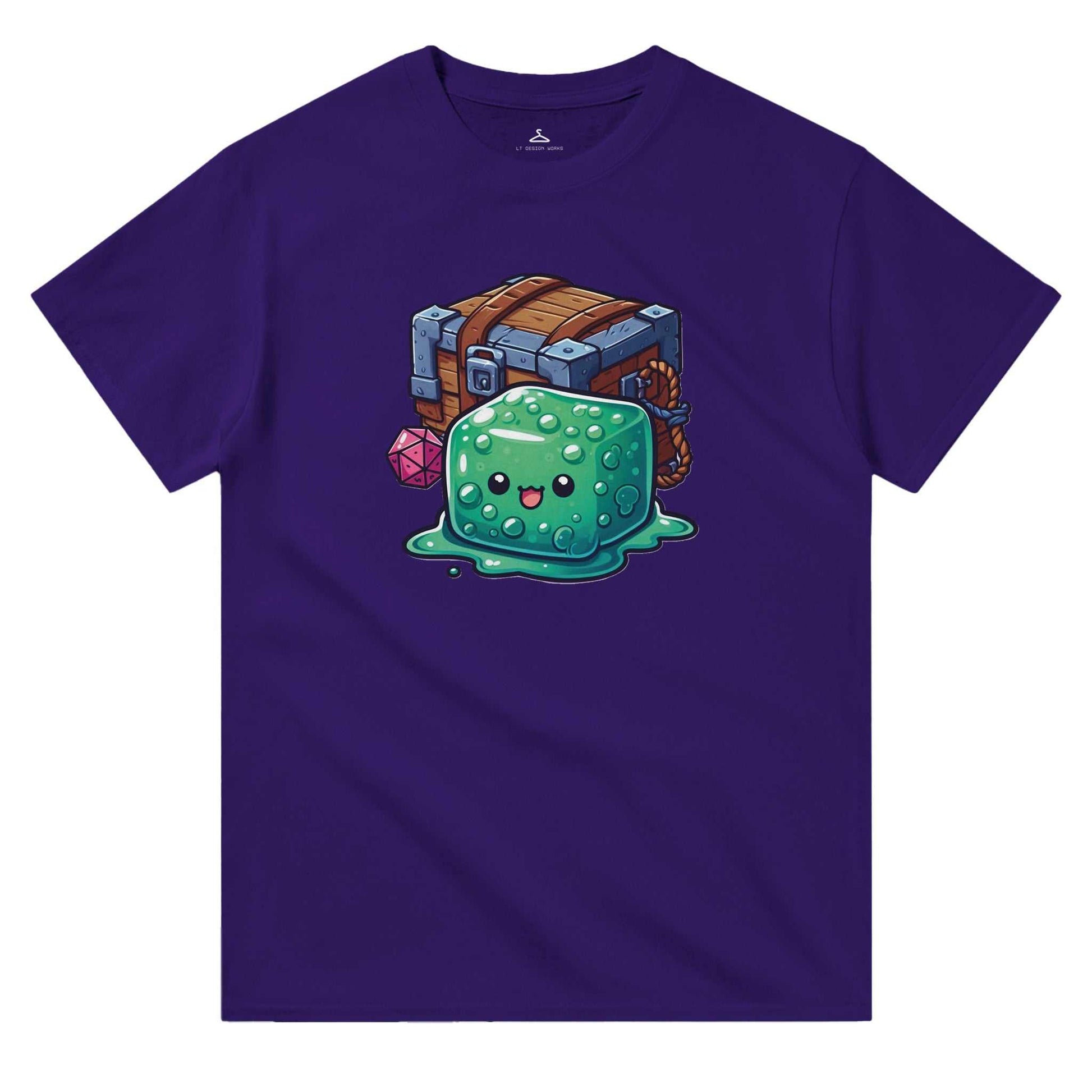 Gelatinous Cube and Mimic women's crewneck t-shirt, heavyweight cotton, classic fit, purple color.