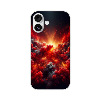 Red Clouds iPhone Flexi case with impact-resistant, frosty transparent design showcasing vibrant red cloud artwork.