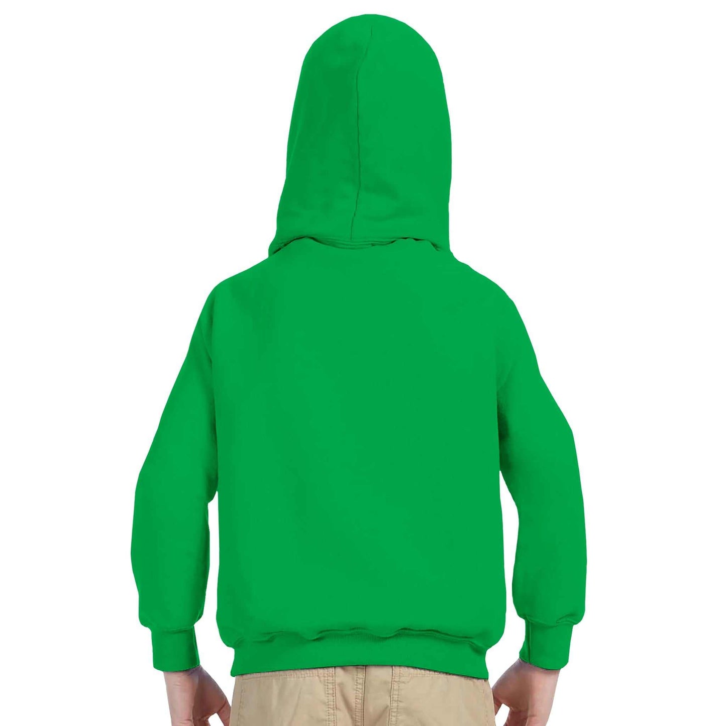 Green "I'm Nan's Problem Today" kids pullover hoodie with a double-lined hood, soft blend of cotton and polyester, back view.